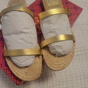 Tory Burch Gold Metallic Double-Strap Espadrille Slide